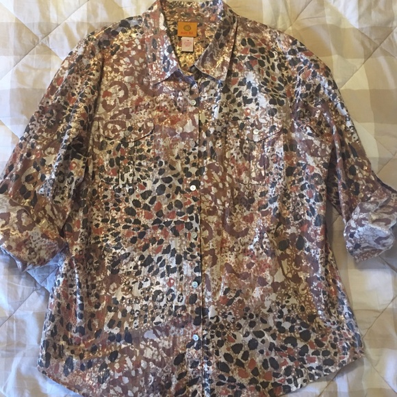Ruby Rd. Metallic Leopard Print Button Down Shirt - Picture 1 of 6